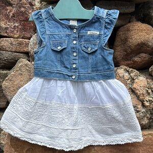 Calvin Klein Jeans Blue Denim w/Cotton Lined Skirt Dress Crochet Lace Detail 18m